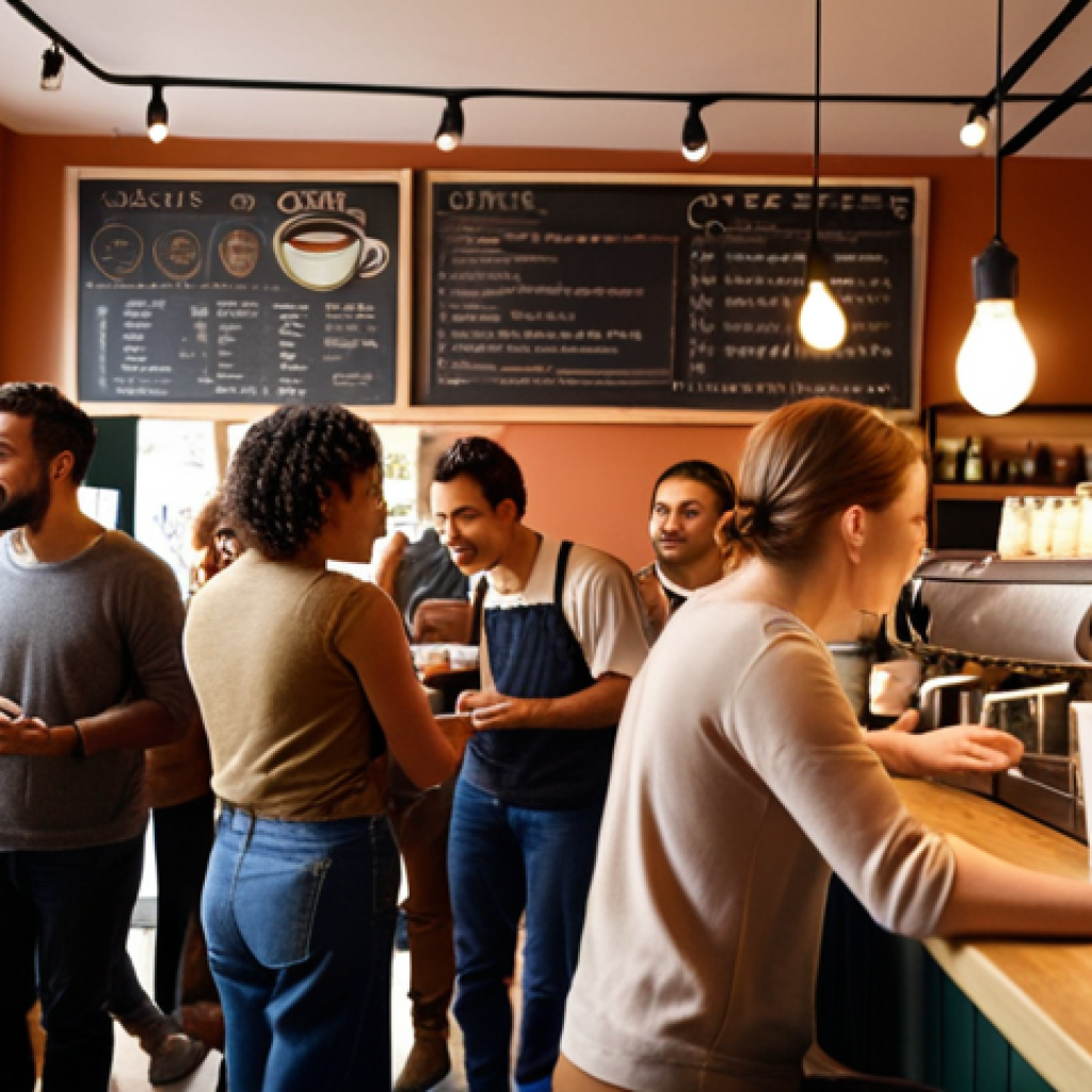 **Prompt:** A diverse group of people gathered around a cozy, bustling coffee shop. The focus is on the barista interacting warmly with a customer, showcasing a sense of community and shared values. Soft, inviting lighting, with an emphasis on the ethically sourced coffee beans on display. The coffee shop is decorated in a sustainable, eco-friendly style.