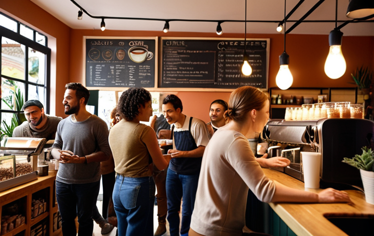 **Prompt:** A diverse group of people gathered around a cozy, bustling coffee shop. The focus is on the barista interacting warmly with a customer, showcasing a sense of community and shared values. Soft, inviting lighting, with an emphasis on the ethically sourced coffee beans on display. The coffee shop is decorated in a sustainable, eco-friendly style.