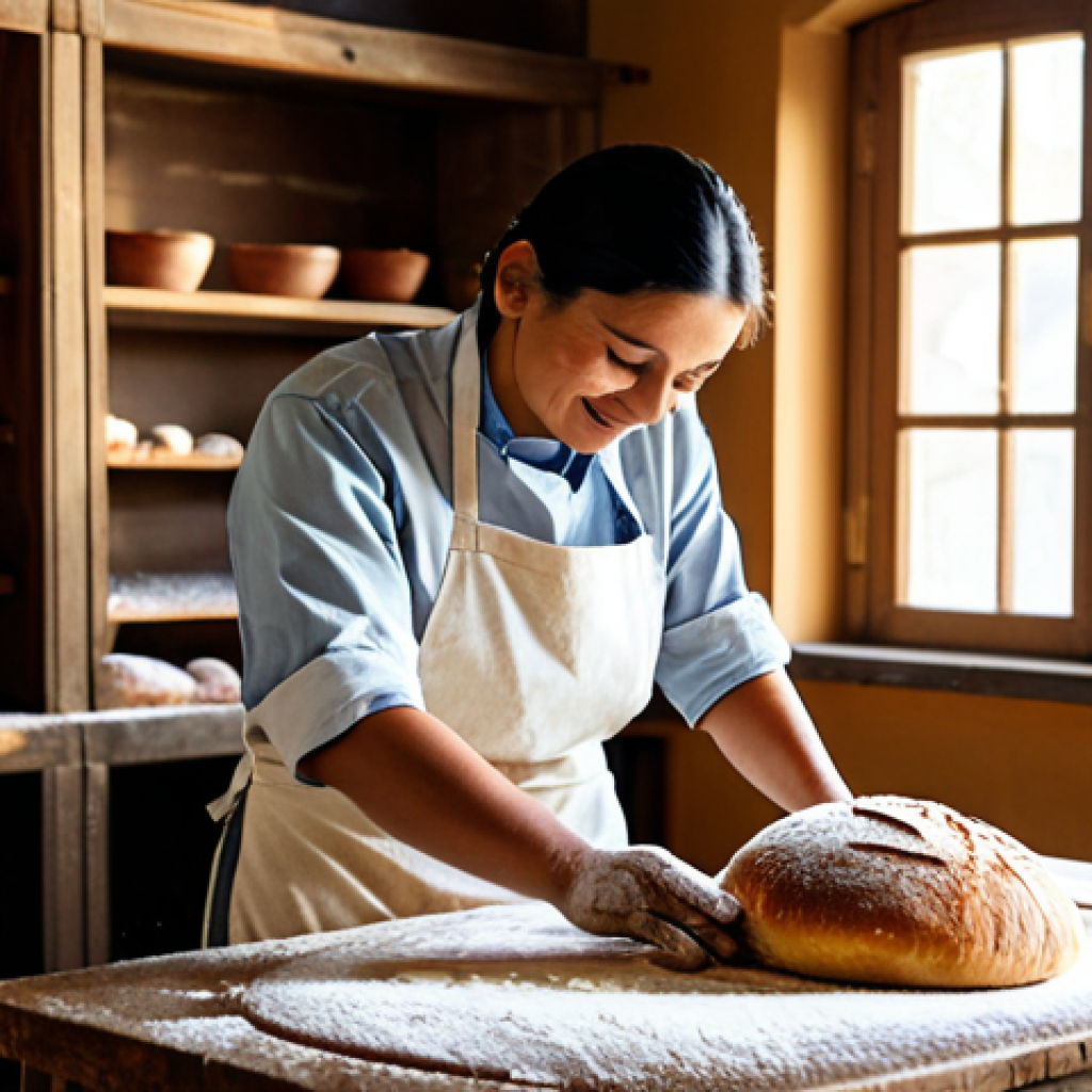 A skilled artisan, a baker, in modest, clean traditional work attire, meticulously kneading dough on a rustic wooden table in a warm, inviting local bakery. Sunlight streams through a window, illuminating flour dust in the air. The background shows shelves filled with freshly baked bread, creating a cozy atmosphere. The artisan's expression conveys passion and dedication to their craft, hands well-formed. Professional photography, hyper-detailed, soft natural lighting, warm color palette, sharp focus, perfect anatomy, correct proportions, natural pose, well-formed hands, proper finger count, natural body proportions, safe for work, appropriate content, fully clothed, modest, family-friendly.