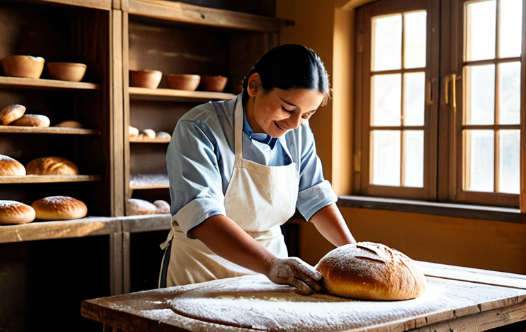A skilled artisan, a baker, in modest, clean traditional work attire, meticulously kneading dough on a rustic wooden table in a warm, inviting local bakery. Sunlight streams through a window, illuminating flour dust in the air. The background shows shelves filled with freshly baked bread, creating a cozy atmosphere. The artisan's expression conveys passion and dedication to their craft, hands well-formed. Professional photography, hyper-detailed, soft natural lighting, warm color palette, sharp focus, perfect anatomy, correct proportions, natural pose, well-formed hands, proper finger count, natural body proportions, safe for work, appropriate content, fully clothed, modest, family-friendly.