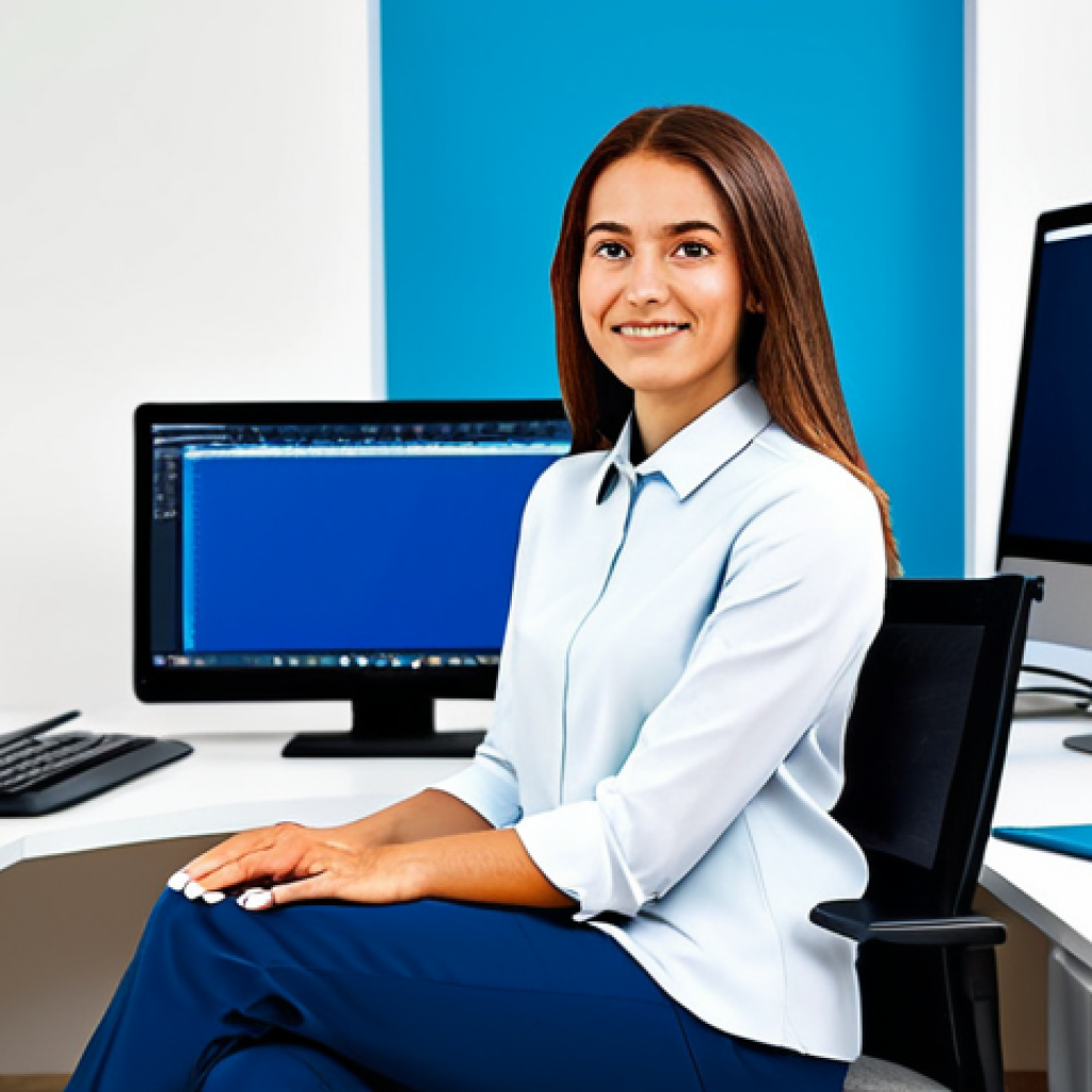 A professional female graphic designer, fully clothed in a modest, contemporary business blouse and trousers, is seated at a minimalist, ergonomic desk in a brightly lit, modern design agency office. On her large, sleek monitor, various digital color palettes displaying deep blues, vibrant reds, and elegant serif and sans-serif typography options are visible, showcasing concepts of brand emotion and trust. She is in a natural pose, with a focused expression, gesturing subtly towards the screen with well-formed hands, showcasing correct proportions and perfect anatomy. The scene conveys a sense of professional creativity and strategic design. safe for work, appropriate content, fully clothed, professional, high-resolution digital art, studio lighting, natural body proportions, family-friendly.