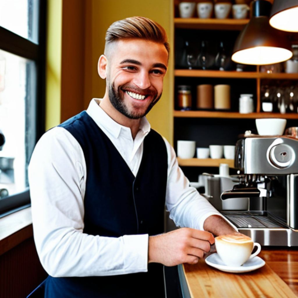 **
"A friendly barista with a warm smile, fully clothed in a stylish café uniform, preparing a latte with latte art in a cozy Amsterdam coffee shop, appropriate attire, safe for work, perfect anatomy, natural proportions, professional photography, high quality, family-friendly."
**