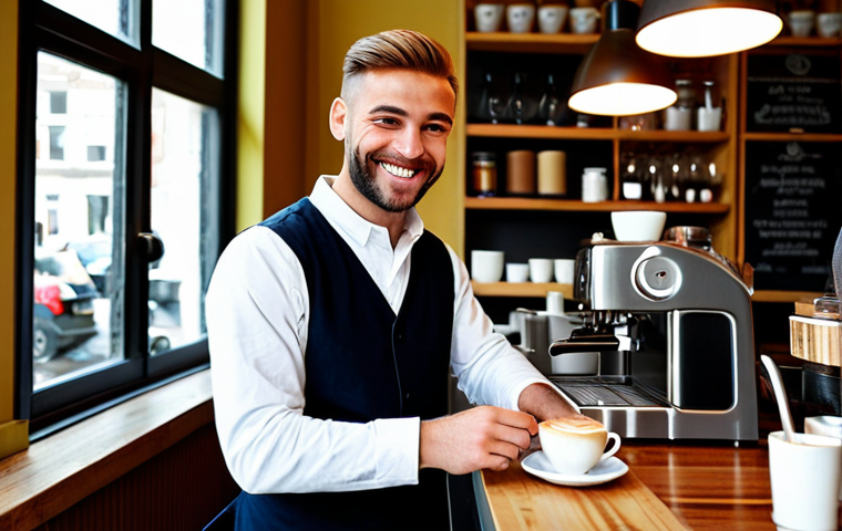 **
"A friendly barista with a warm smile, fully clothed in a stylish café uniform, preparing a latte with latte art in a cozy Amsterdam coffee shop, appropriate attire, safe for work, perfect anatomy, natural proportions, professional photography, high quality, family-friendly."
**