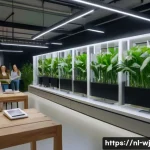 Home 21 브랜드 스토리텔링의 글로벌 트렌드 - A modern Dutch clothing store interior showcasing sustainable fabric production, with a diverse grou...