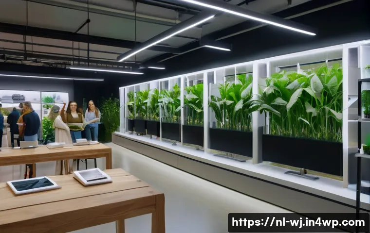 브랜드 스토리텔링의 글로벌 트렌드 - A modern Dutch clothing store interior showcasing sustainable fabric production, with a diverse grou...