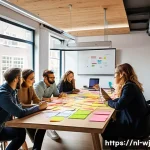 Home 20 브랜드 스토리텔링을 위한 브레인스토밍 기법 - A vibrant creative brainstorming session in a modern Dutch office setting, diverse team members of d...