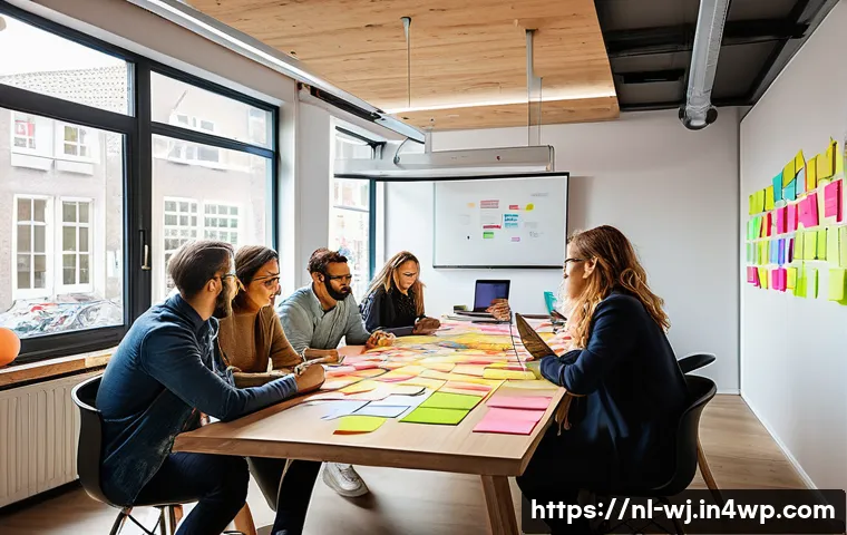브랜드 스토리텔링을 위한 브레인스토밍 기법 - A vibrant creative brainstorming session in a modern Dutch office setting, diverse team members of d...