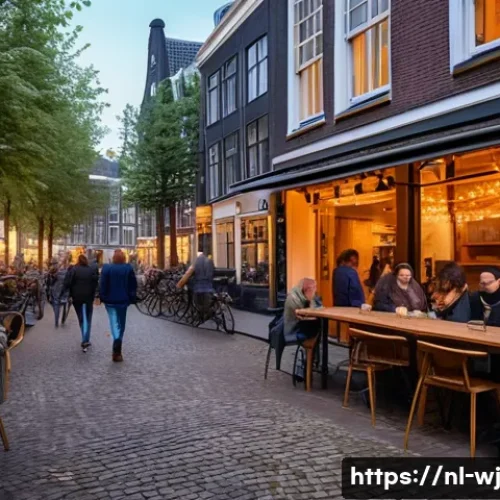 Home 31 브랜드 스토리텔링을 위한 강력한 슬로건 만들기 - A modern Dutch café scene in a cozy Amsterdam street, with diverse young adults laughing and chattin...