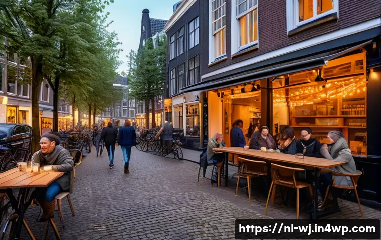 브랜드 스토리텔링을 위한 강력한 슬로건 만들기 - A modern Dutch café scene in a cozy Amsterdam street, with diverse young adults laughing and chattin...