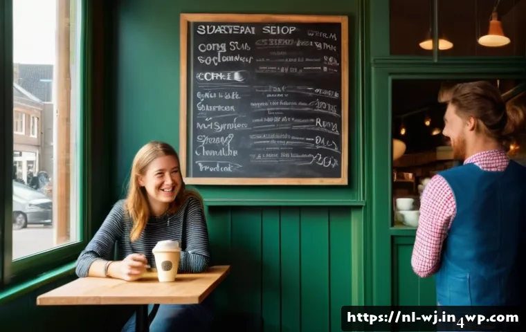브랜드 스토리텔링의 심리적 메커니즘 - A warm, authentic scene of a Dutch local coffee shop interior during the morning rush, featuring div...