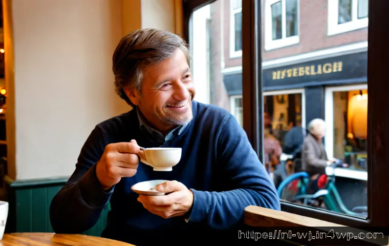 브랜드 스토리와 감성적 결합의 중요성 - Photorealistic lifestyle scene in a cozy Dutch canal-side café in Amsterdam, a middle-aged artisan w...
