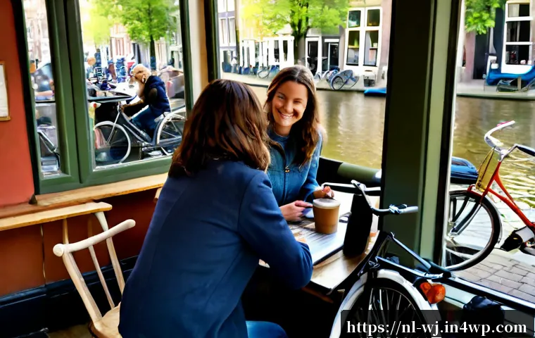 브랜드 스토리와 고객의 정체성 - Photorealistic lifestyle scene in a cozy Amsterdam canal-side coffee shop, a diverse Dutch family an...